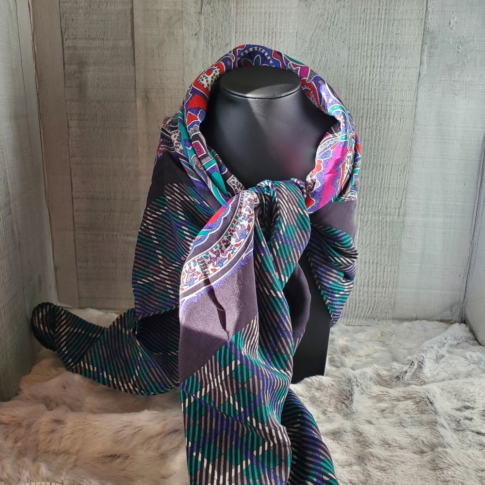 Garfinkel's Dept. Store Vintage 90s Silk Square Scarf Italy Geometric Green Blue